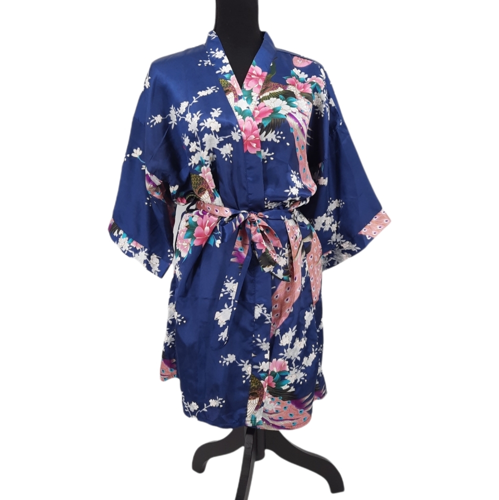 Blue Pink Peacock Blossoms Satin Silk Polyester Dressing Gown Robe Kimono OS